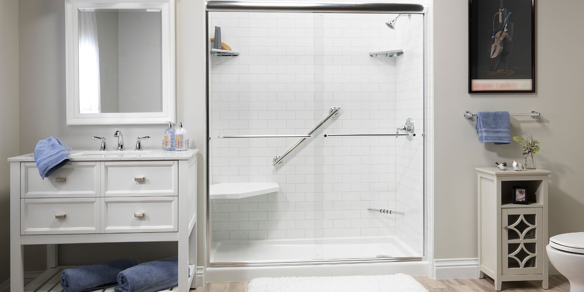 tub to shower conversion in san antonio with low threshold entry and built in bench